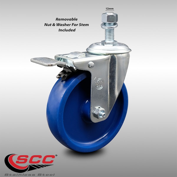 5 Inch SS Solid Polyurethane 12mm Threaded Stem Caster with Total Lock Brake
